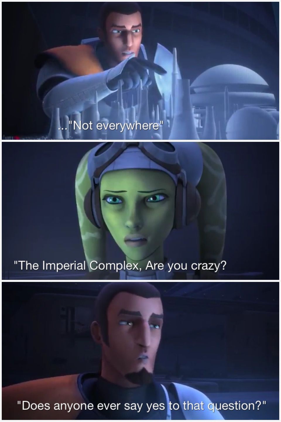 This meme is a still image from the Star Wars: The Clone Wars animated series. It shows a character, Ahsoka Tano, responding to a question from a Jedi Master, Yoda, about the existence of the Force in the galaxy. The text overlay reads: "In a galaxy far, far away...".